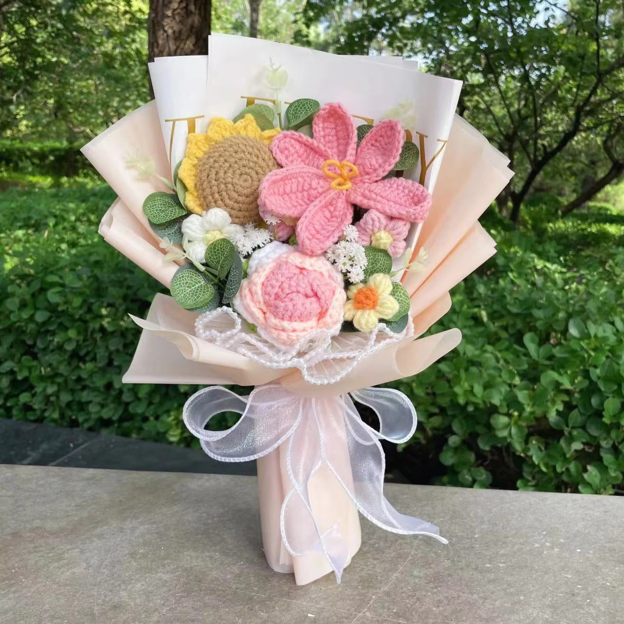 "Frolicking" - Handmade Crochet Bouquets - Sunflower, Lily, Rose