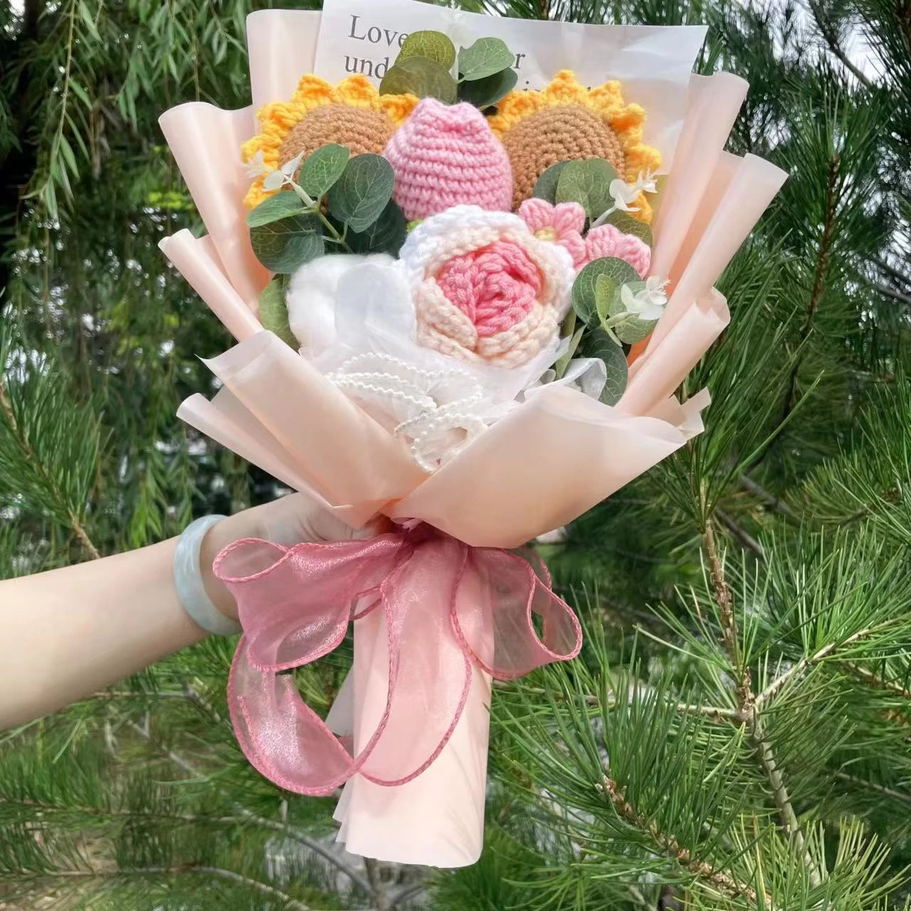 "Springtime" - Sunflower Tulip Crochet Flowers Bouquet w/ Mix