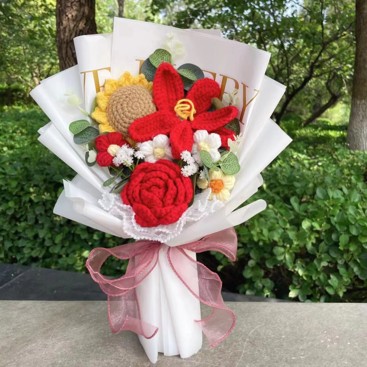 "Frolicking" - Handmade Crochet Bouquets - Sunflower, Lily, Rose