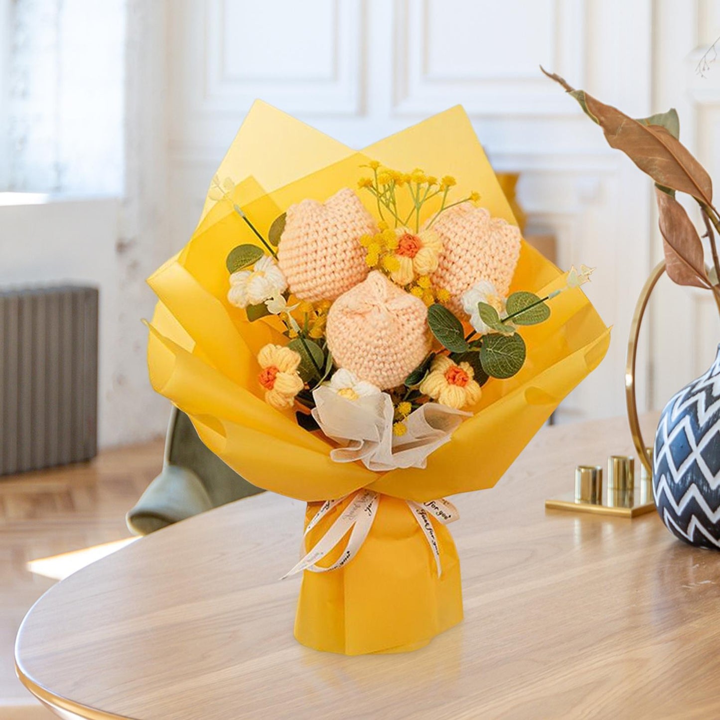 "Sunshine" - Handmade Triple Tulip Crochet Bouquet w/ Mix