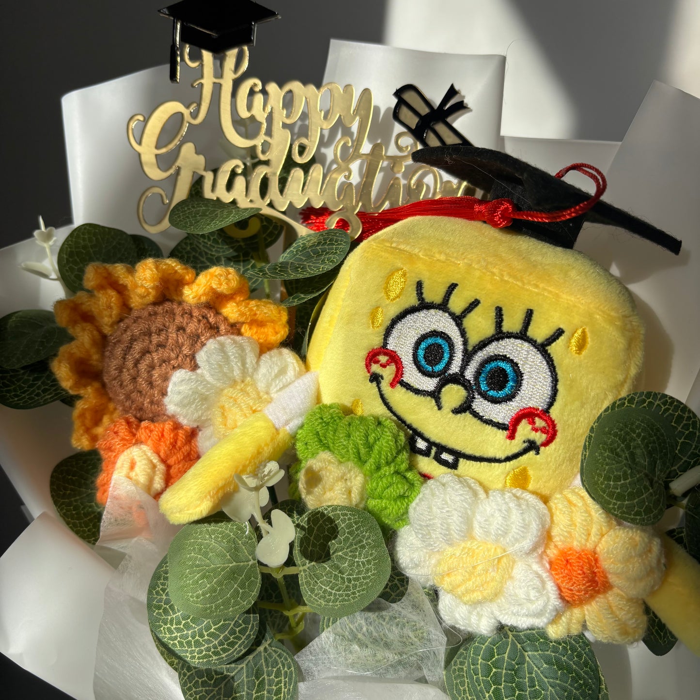 Spongebob Graduation Bouquet 🎓 Handmade Crochet Bouquets - Sunflower, Plush