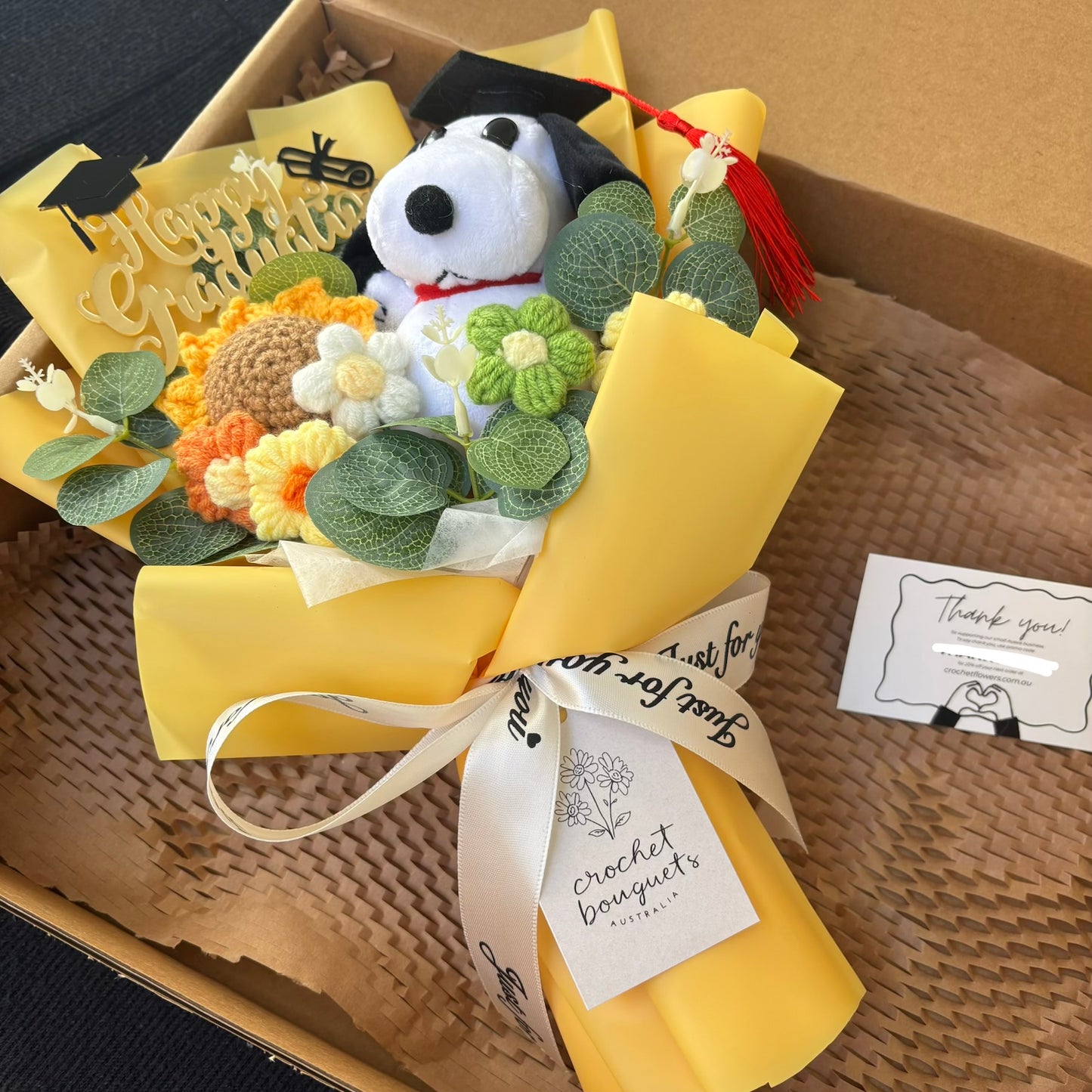 Black & White Dog Graduation Bouquet 🎓 Handmade Crochet Bouquets - Sunflower, Plush