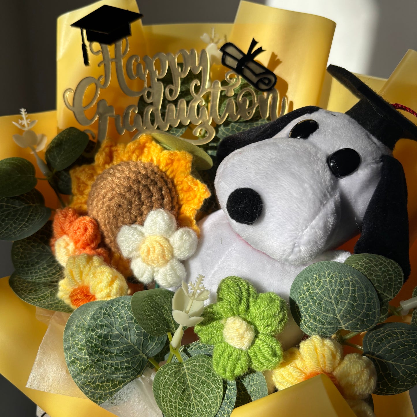 Black & White Dog Graduation Bouquet 🎓 Handmade Crochet Bouquets - Sunflower, Plush