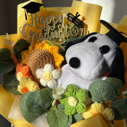 Black & White Dog Graduation Bouquet 🎓 Handmade Crochet Bouquets - Sunflower, Plush