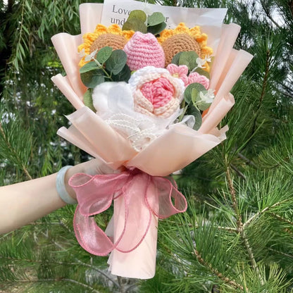 "Springtime" - Sunflower Tulip Crochet Flowers Bouquet w/ Mix