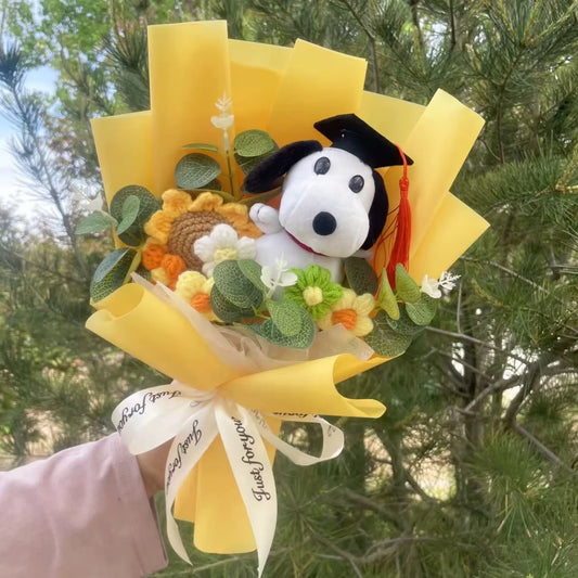 Black & White Dog Graduation Bouquet  - Handmade Crochet Bouquets - Sunflower, Plush