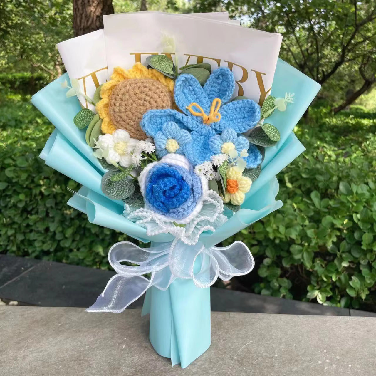 "Frolicking" - Handmade Crochet Bouquets - Sunflower, Lily, Rose