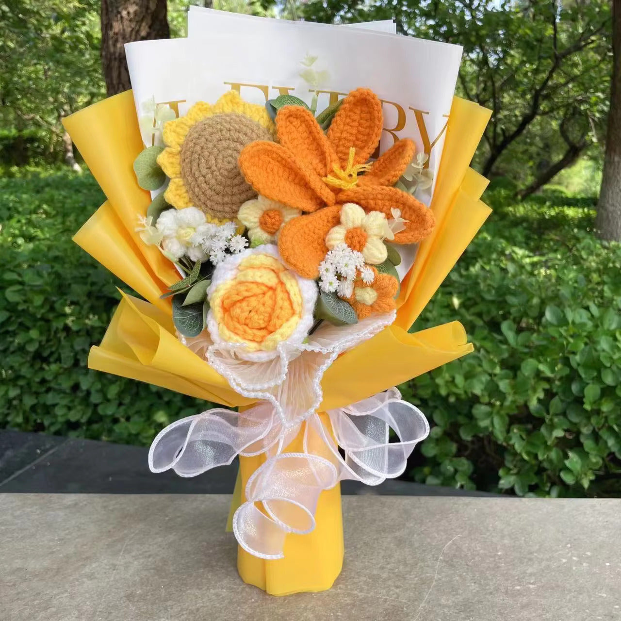 "Frolicking" - Handmade Crochet Bouquets - Sunflower, Lily, Rose