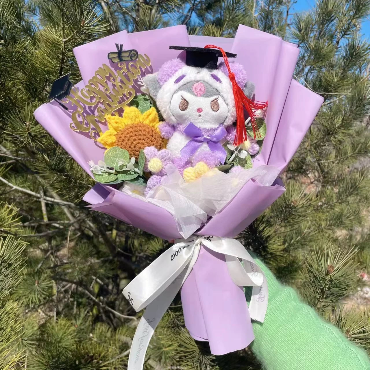 Kuromi Graduation Bouquet  - Handmade Crochet Bouquets - Sunflower, Plush