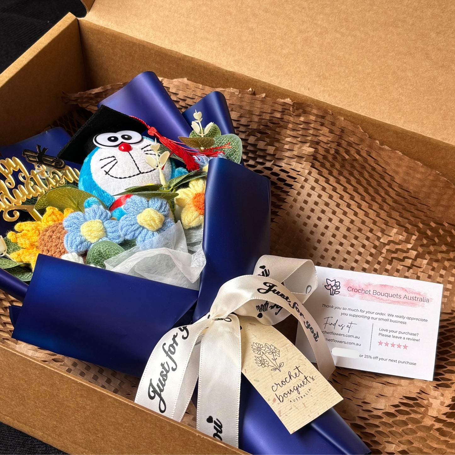 Doraemon Graduation Bouquet 🎓 Handmade Crochet Bouquets - Sunflower, Plush