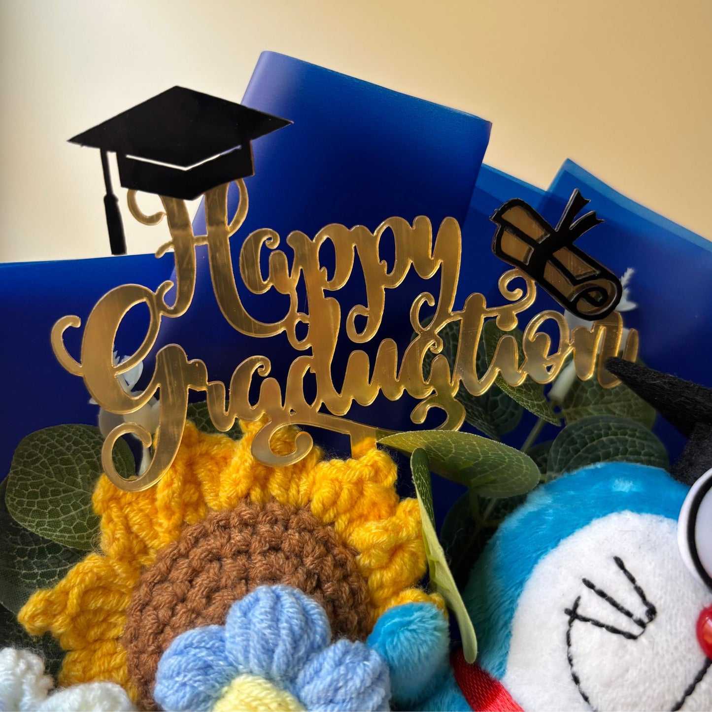 Doraemon Graduation Bouquet 🎓 Handmade Crochet Bouquets - Sunflower, Plush