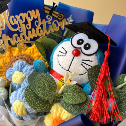 Doraemon Graduation Bouquet 🎓 Handmade Crochet Bouquets - Sunflower, Plush