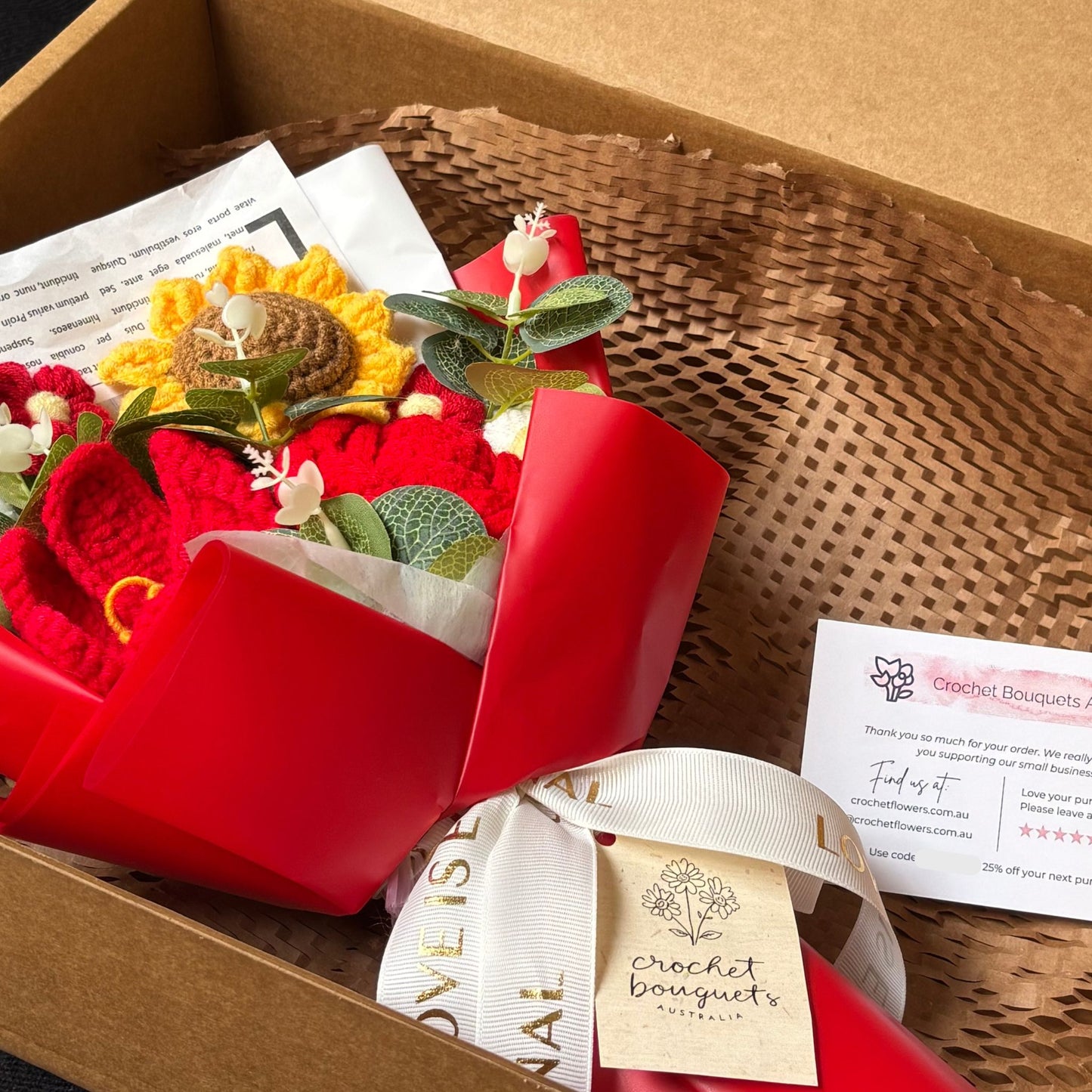 "Frolicking" - Handmade Crochet Bouquets - Sunflower, Lily, Rose