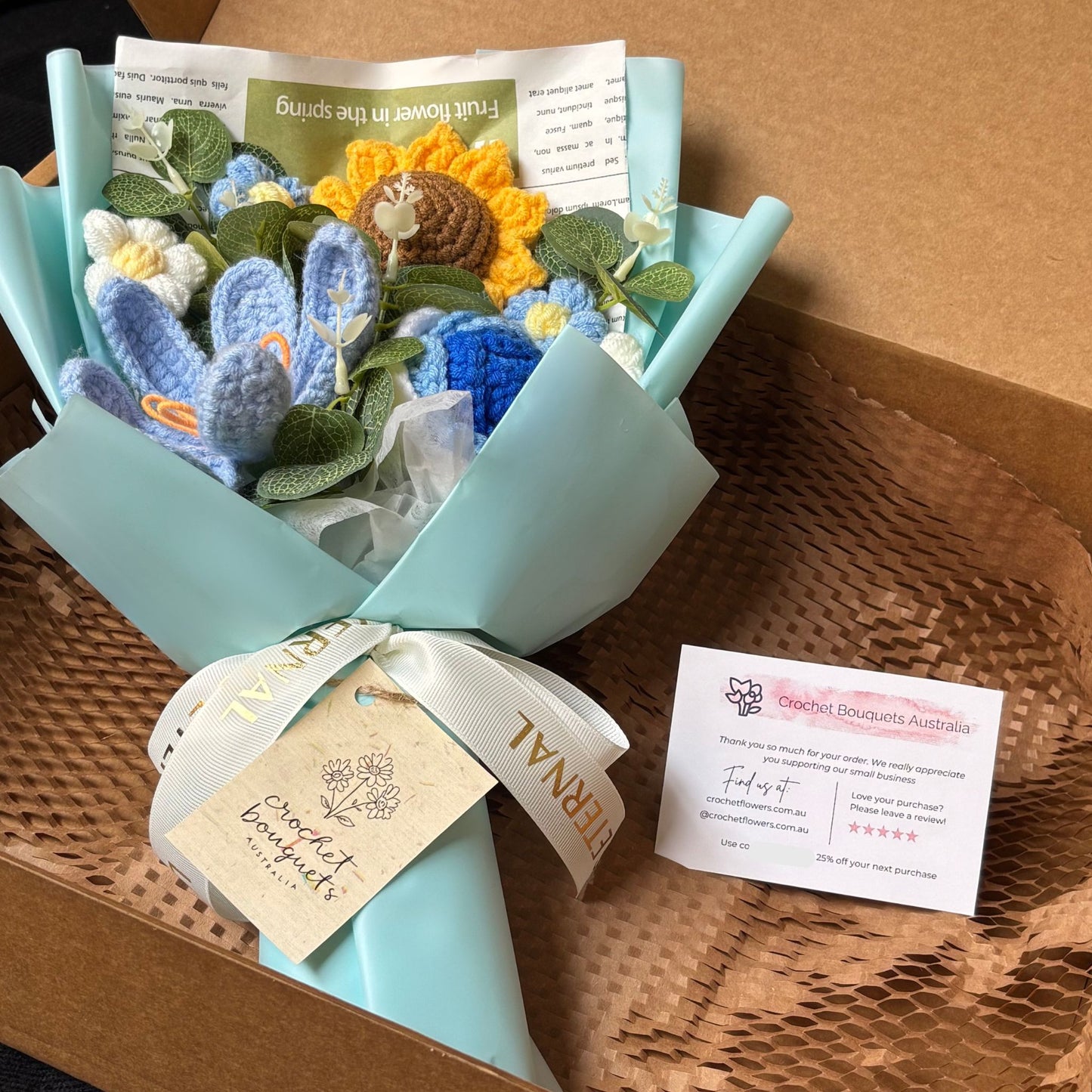 "Frolicking" - Handmade Crochet Bouquets - Sunflower, Lily, Rose